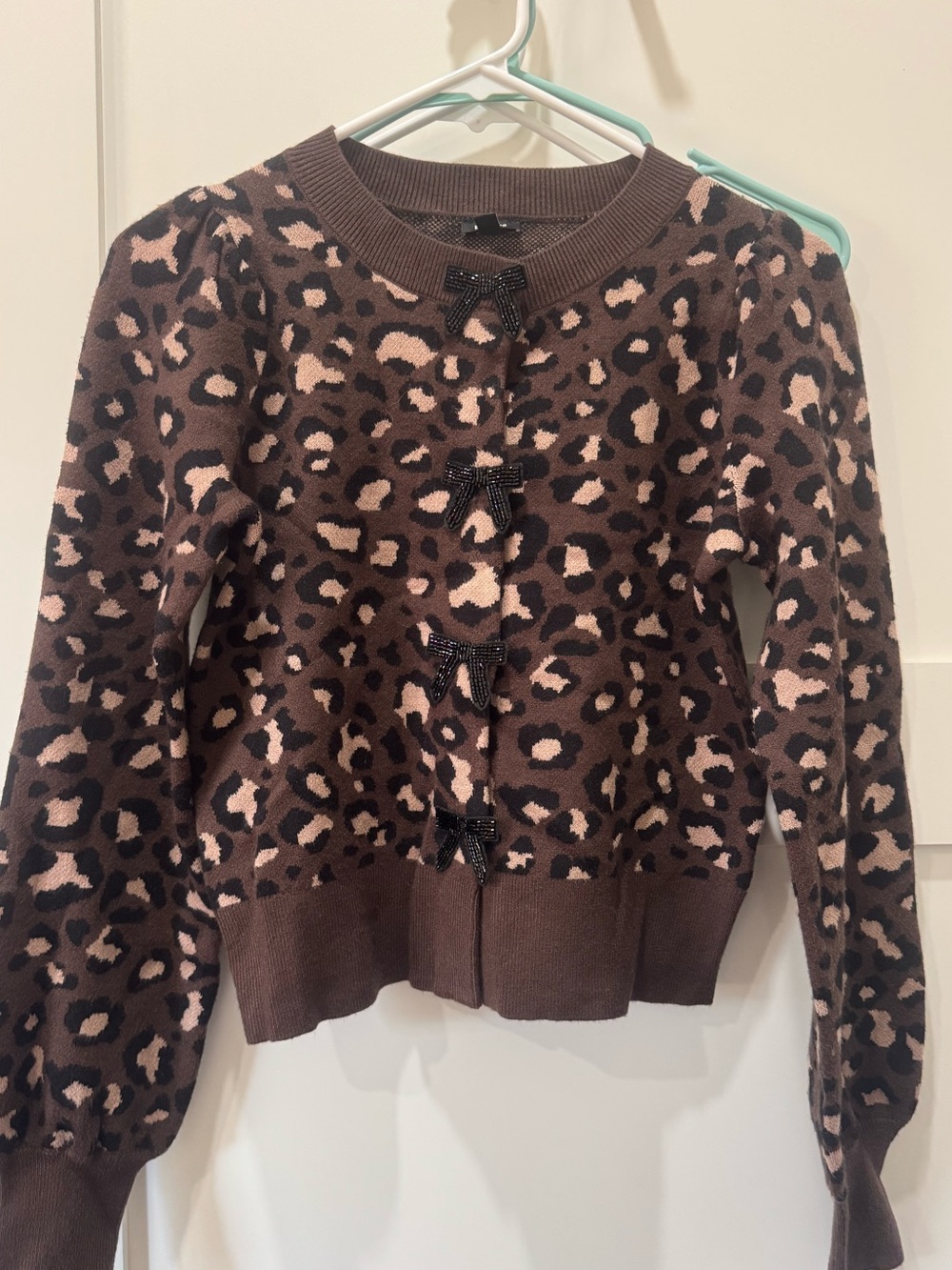 Express Leopard Brown and Beige Women’s Cardigan Sweater with Sparkling bows XS